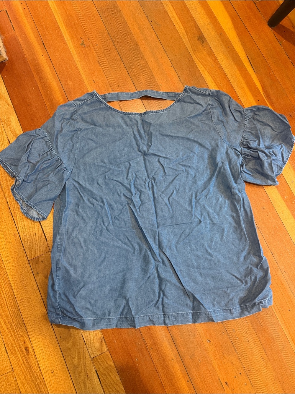 LOFT Light Blue Short Puff Sleeve Blouse with Back Strap